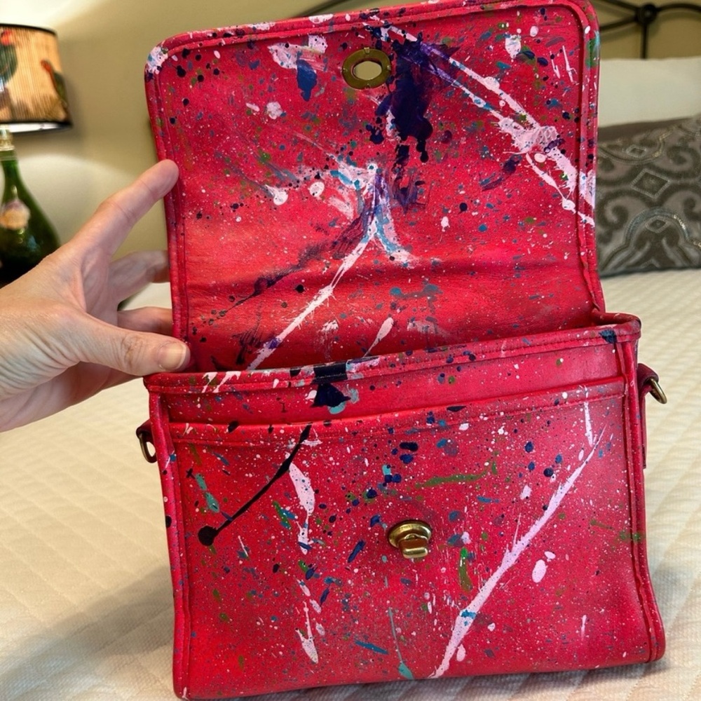 Vintage Coach Court Red Custom Paint Splatter Shoulder Bag Satchel Pollock-esque - Picture 7 of 13